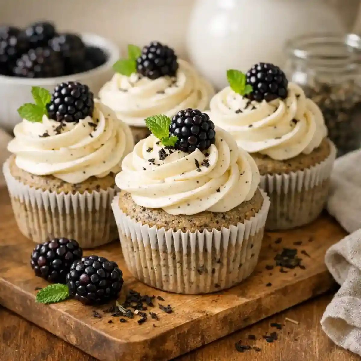 Blackberry Earl Grey cupcakes with creamy frosting on a simple plate
