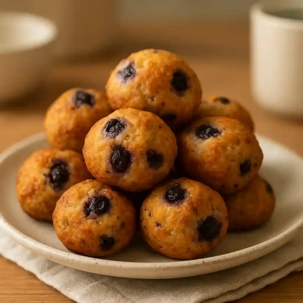 Air Fryer Blueberry Cottage Cheese Donut Holes 1 Close up of Air Fryer Blueberry Cottage Cheese Donut Holes on a plate, warm and golden with visible blueberries