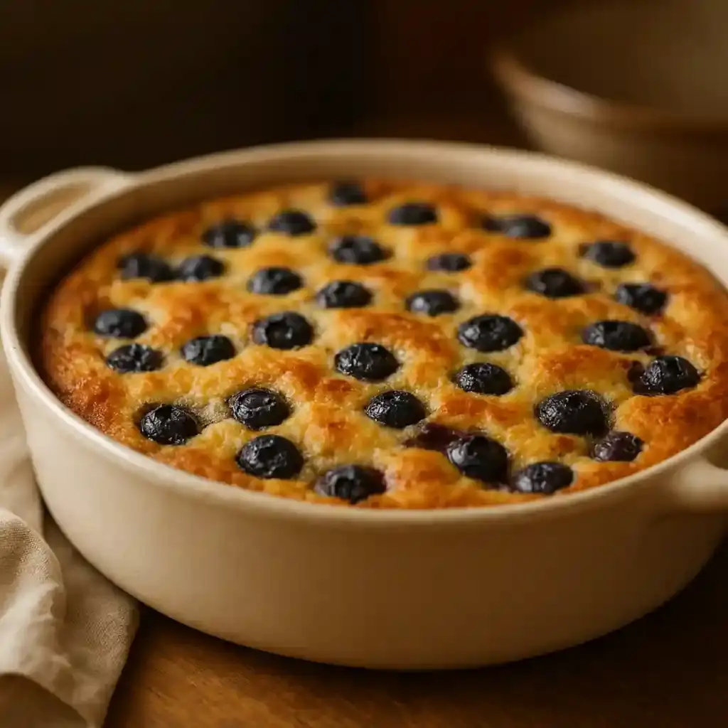 Blueberry Buttermilk Pancake Casserole Recipe for Easy Brunch 1 Blueberry Buttermilk Pancake Casserole Recipe served warm in a ceramic dish, golden top and juicy blueberries.