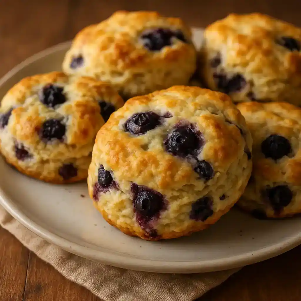 Easy Blueberry Biscuits with Buttermilk - No Mixer Needed 1 Warm plate of Easy Blueberry Biscuits with Buttermilk - No Mixer Needed, flaky biscuits dotted with juicy blueberries