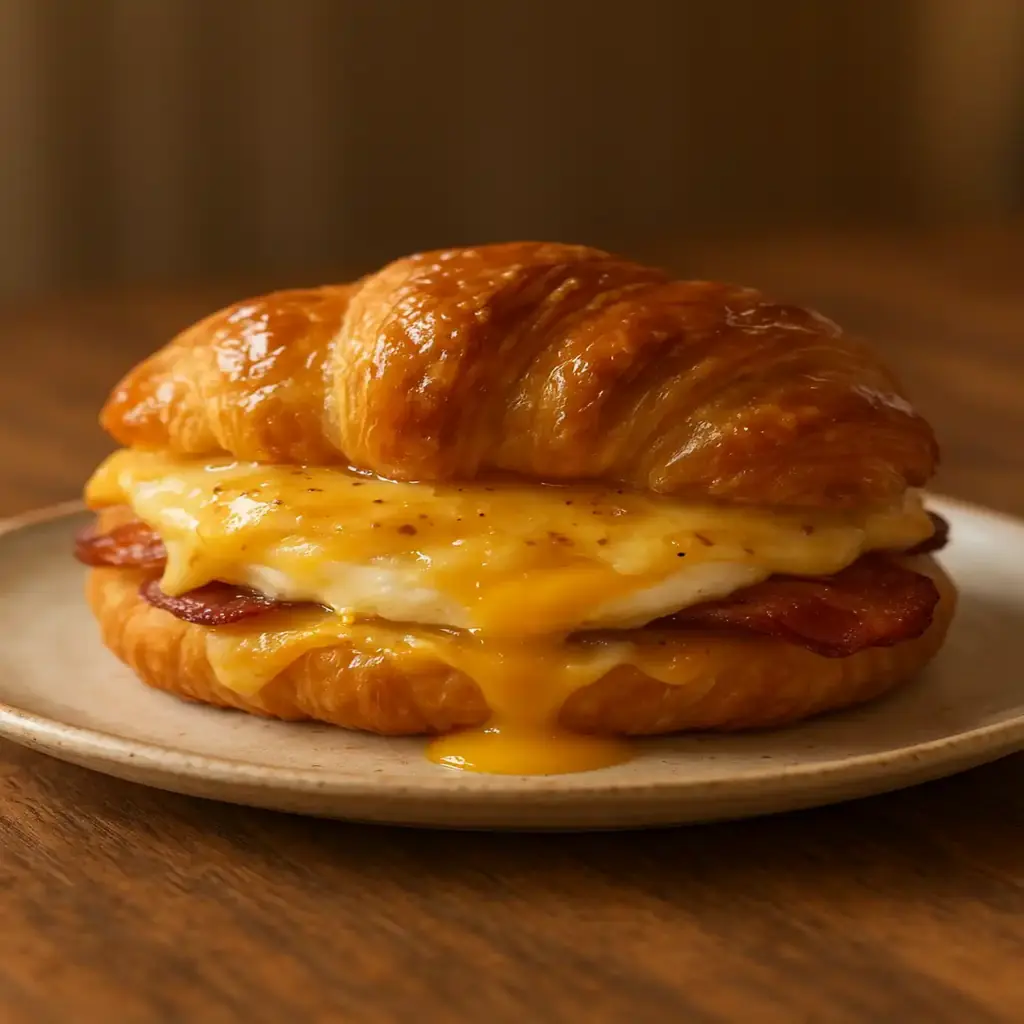 Maple Mustard Croissant Breakfast Sandwich with flaky croissant, melted cheese, and glossy maple-mustard glaze