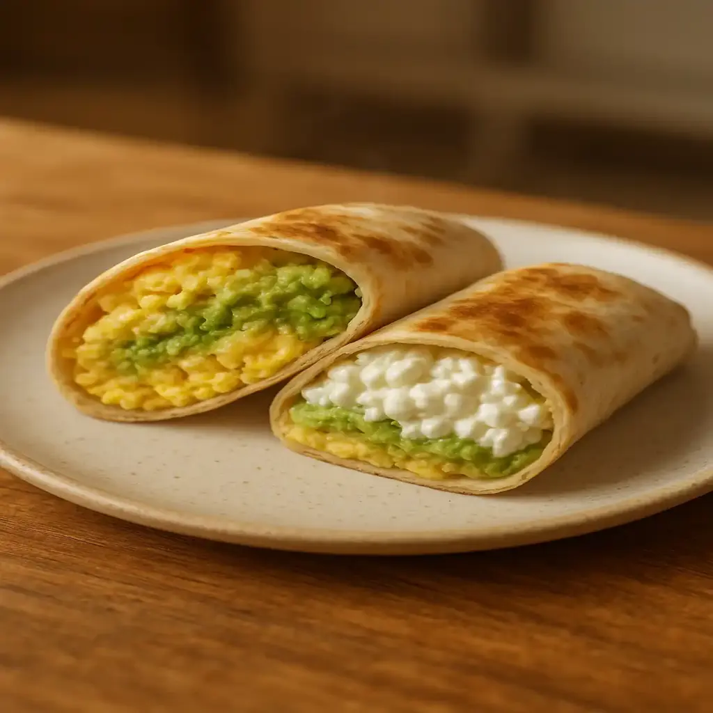 High-Protein Breakfast Wrap with Cottage Cheese and Avocado 1 High-Protein Breakfast Wrap with Cottage Cheese and Avocado on a plate, creamy avocado and cottage cheese visible