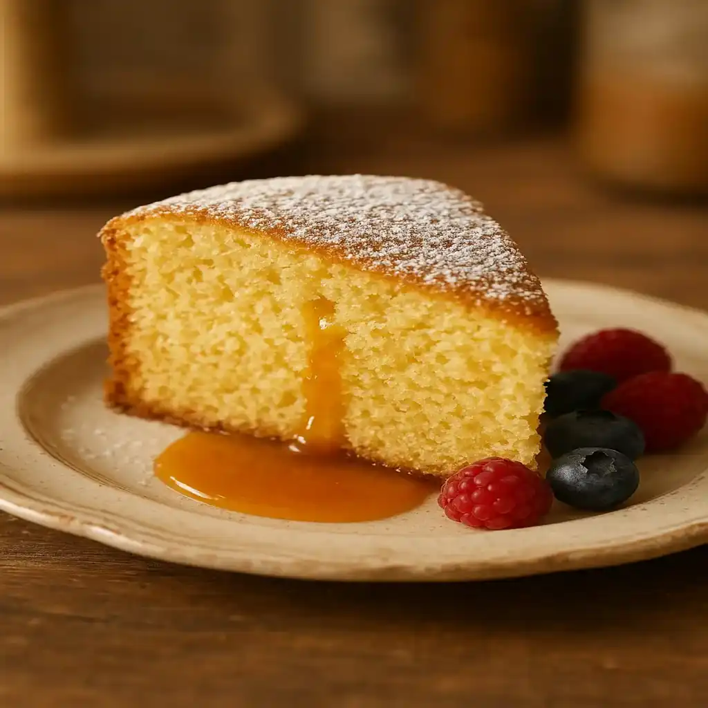 Melt-in-Your-Mouth Cake That Steals the Show 1 Close-up of a Melt-in-Your-Mouth Cake slice with powdered sugar and berries