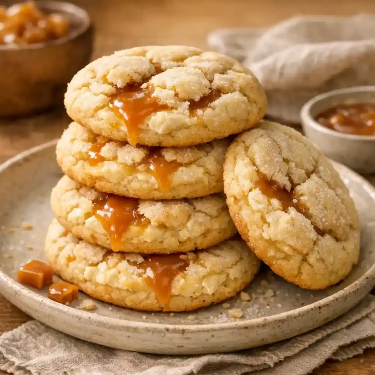 Heavenly Caramel Cheesecake Cookies for Cozy Family Moments 1 Freshly baked Heavenly Caramel Cheesecake Cookies on a plate