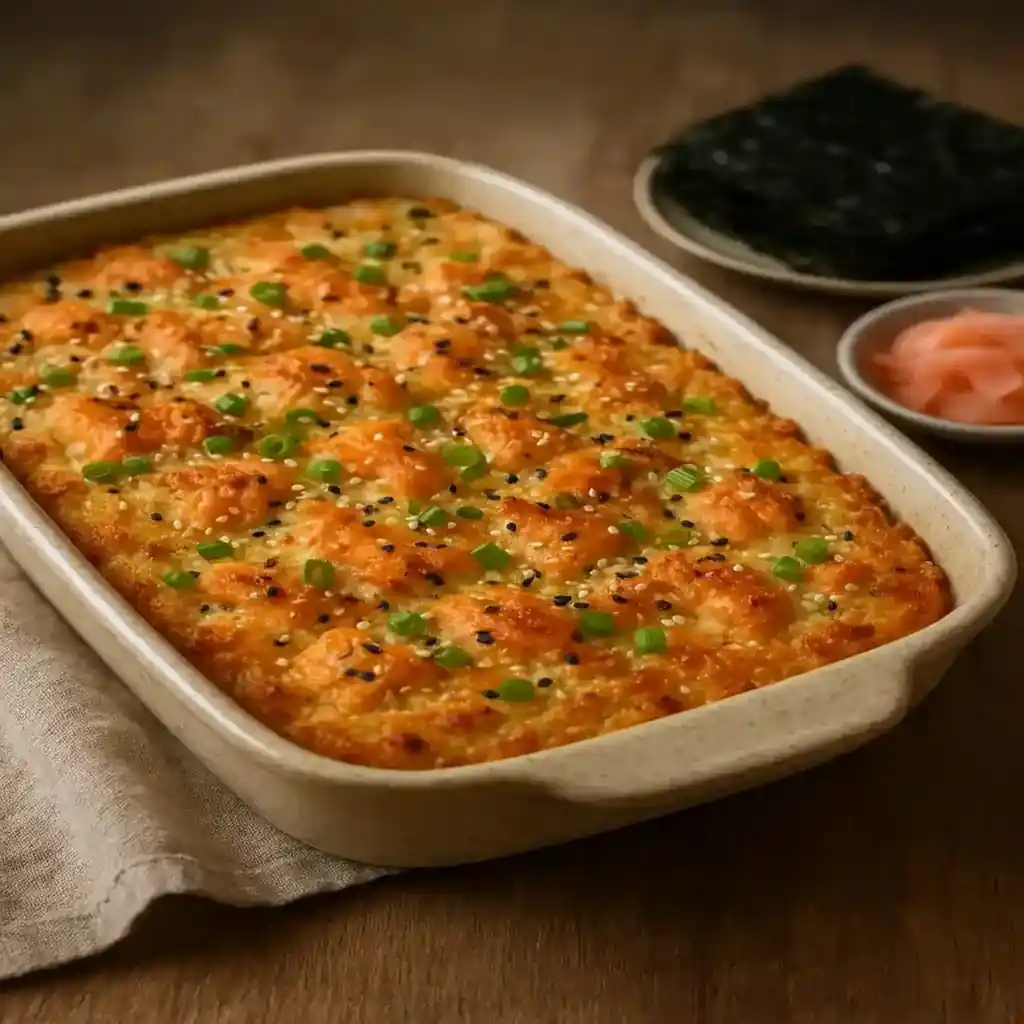 Baked spicy salmon sushi casserole on a ceramic dish, showing golden top and flaky salmon, Spicy Salmon Sushi Bake Recipe