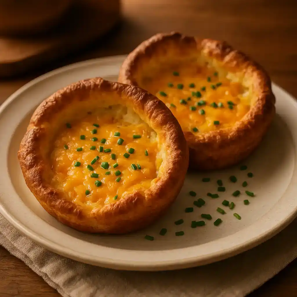 Savory Cheddar & Chive Dutch Babies That Pop With Flavor 1 Savory Cheddar & Chive Dutch Babies with golden puffed edges and melted cheddar, garnished with chopped chives