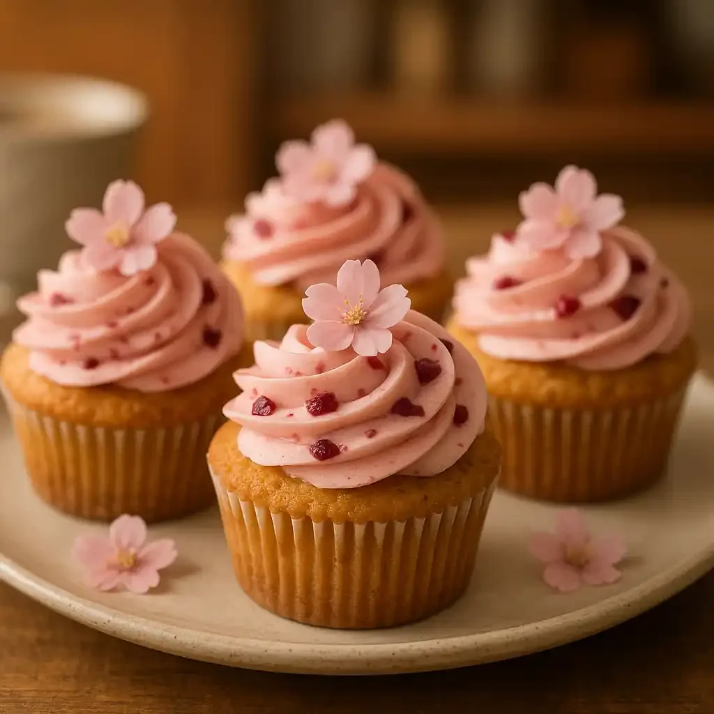 Almond Cherry Blossom Cupcakes (Spring Inspired) 1 Almond Cherry Blossom Cupcakes (Spring Inspired) plated on a simple ceramic dish, soft pink buttercream and cherry pieces, warm kitchen lighting, cozy home-style dessert