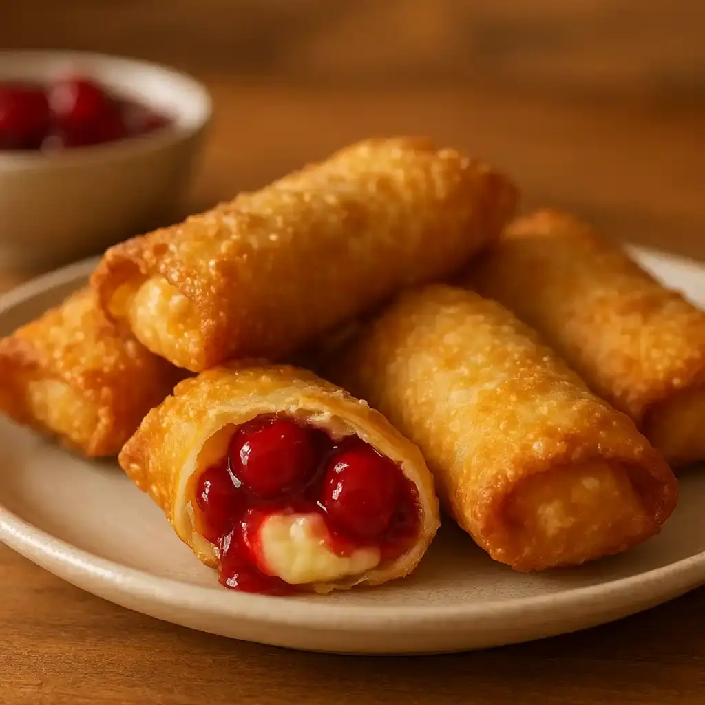 Crispy Cherry Cheesecake Egg Rolls Recipe That Pops 1 Crispy Cherry Cheesecake Egg Rolls Recipe plated with powdered sugar and drizzled caramel