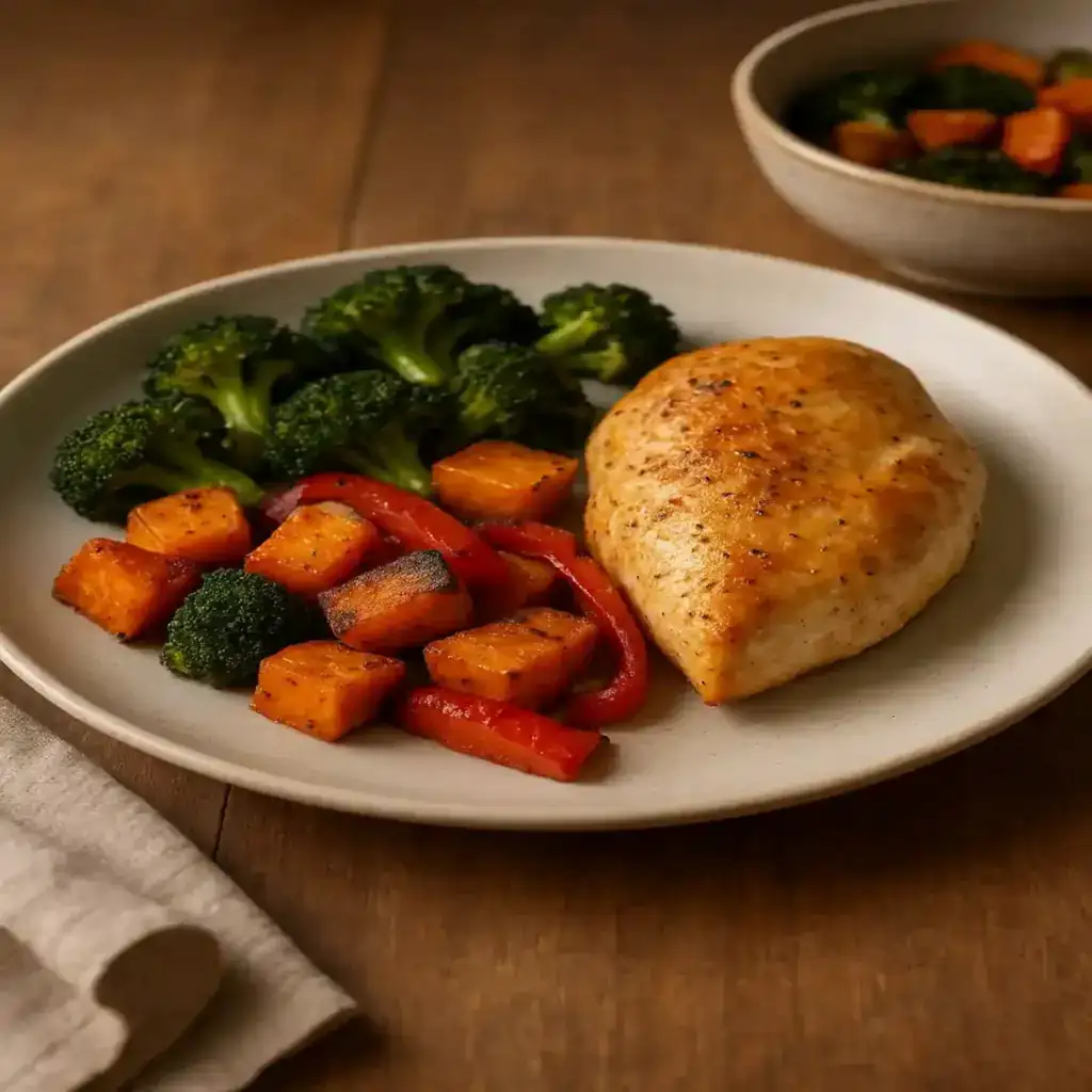 Plated healthy chicken dinner with roasted vegetables, showcasing Healthy Chicken Dinner Recipes in a cozy kitchen setting