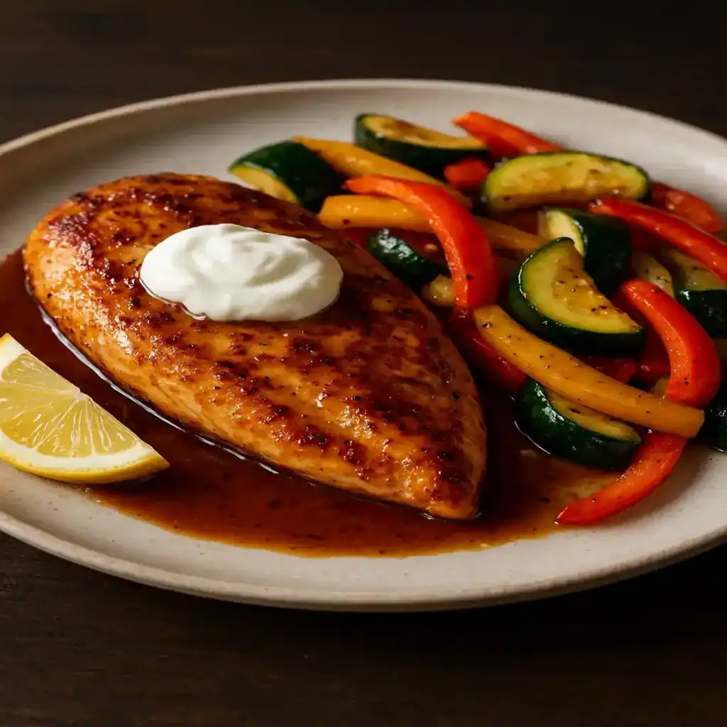 Easy High Protein Dinner for Busy Weeknights plated with seared chicken, vibrant veggies, and glossy sauce