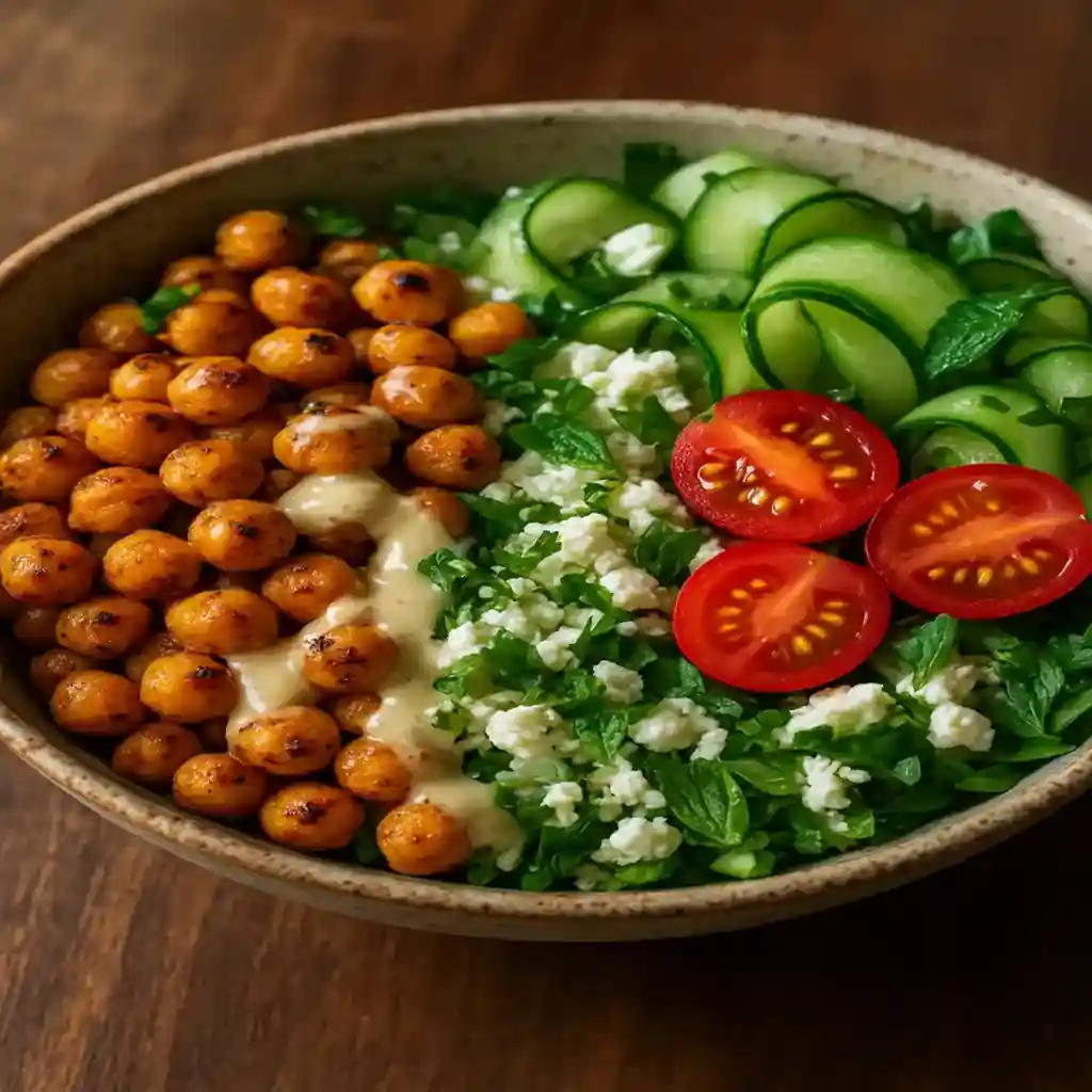 Mediterranean Chickpea Bowl for Dinner with crispy chickpeas, lemon tahini drizzle, fresh herbs and feta
