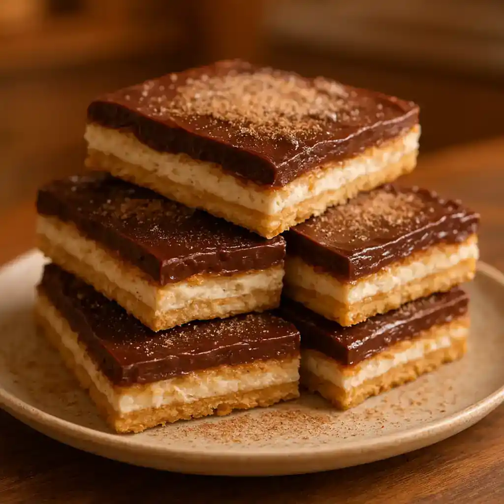 Easy Churro Saltine Toffee Bars with Cinnamon Sugar and Creamy Filling 1 Easy Churro Saltine Toffee Bars with Cinnamon Sugar and Creamy Filling on a plate, glossy chocolate and cinnamon sugar dusting