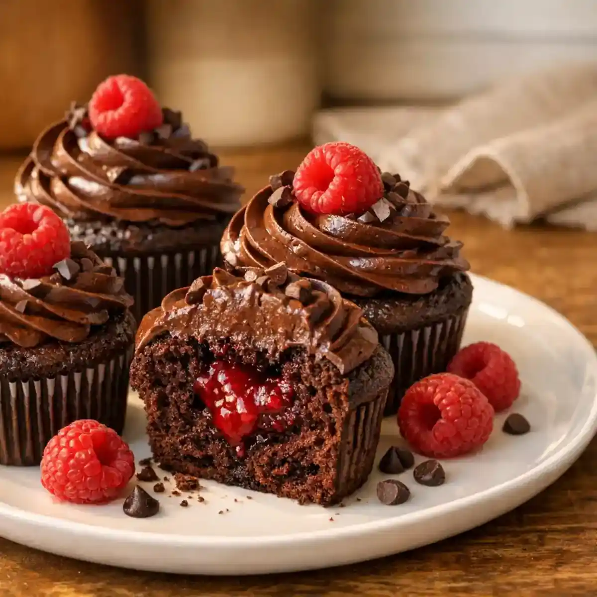 Chocolate Raspberry Cupcakes with Rich Chocolate Flavor on a cozy kitchen plate