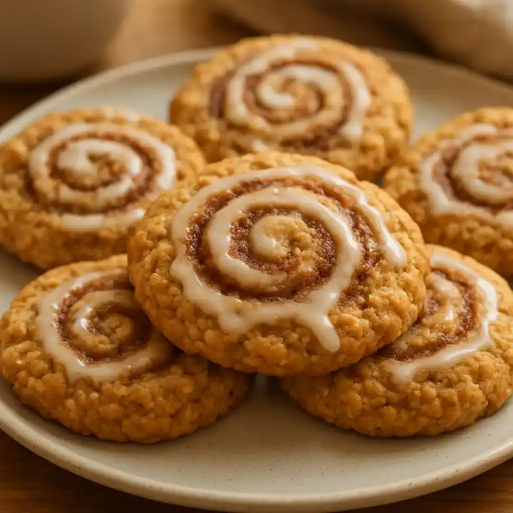 Cottage Cheese Cinnamon Roll Breakfast Cookies for Cozy Mornings 1 Plate of Cottage Cheese Cinnamon Roll Breakfast Cookies, warm and golden with a light vanilla glaze, cozy kitchen setting