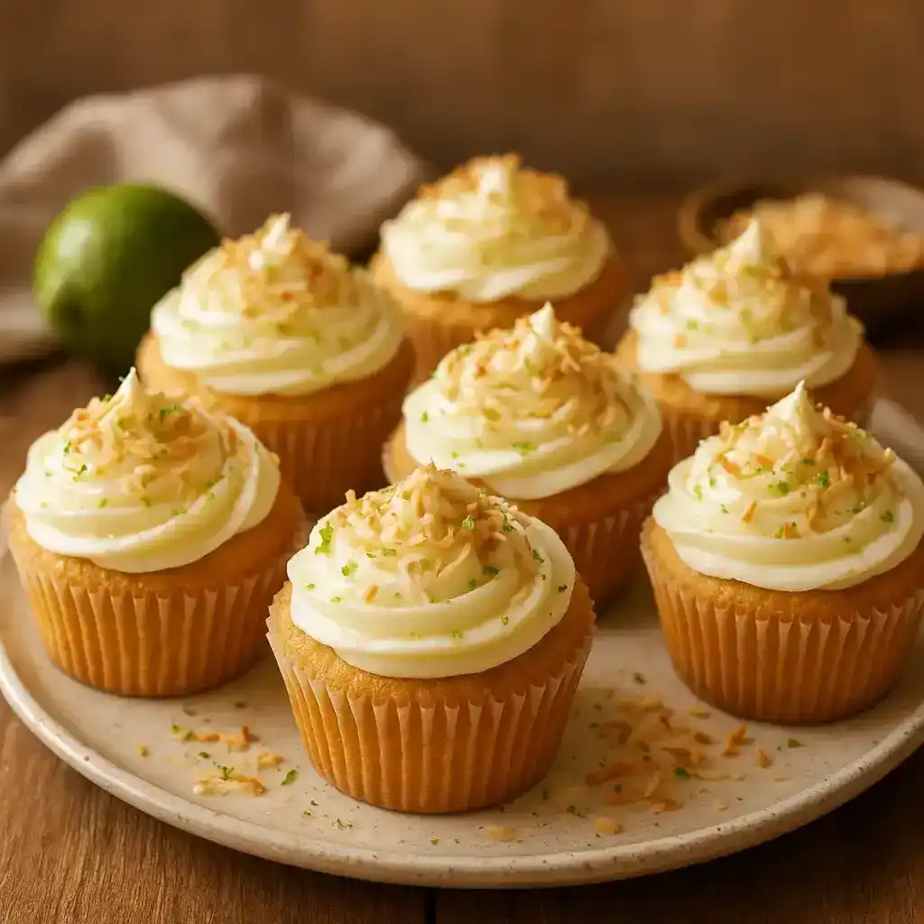 Coconut Lime Cupcakes with Cream Cheese Frosting, Cozy Family Favorite 1 Coconut Lime Cupcakes with Cream Cheese Frosting on a cozy plate, topped with toasted coconut and lime zest