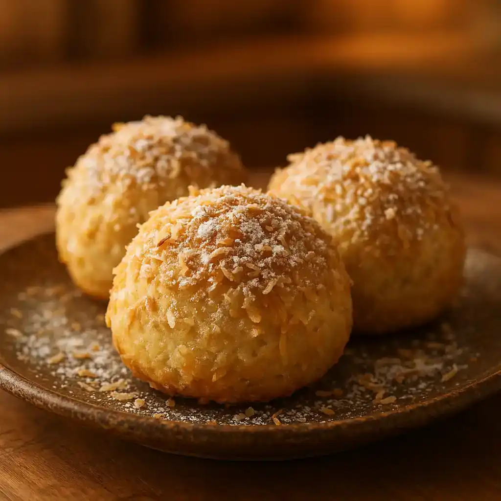 Delicious Italian Cream Bombs for Cozy Family Desserts 1 Plate of Delicious Italian Cream Bombs with toasted coconut and powdered sugar, warm home kitchen lighting