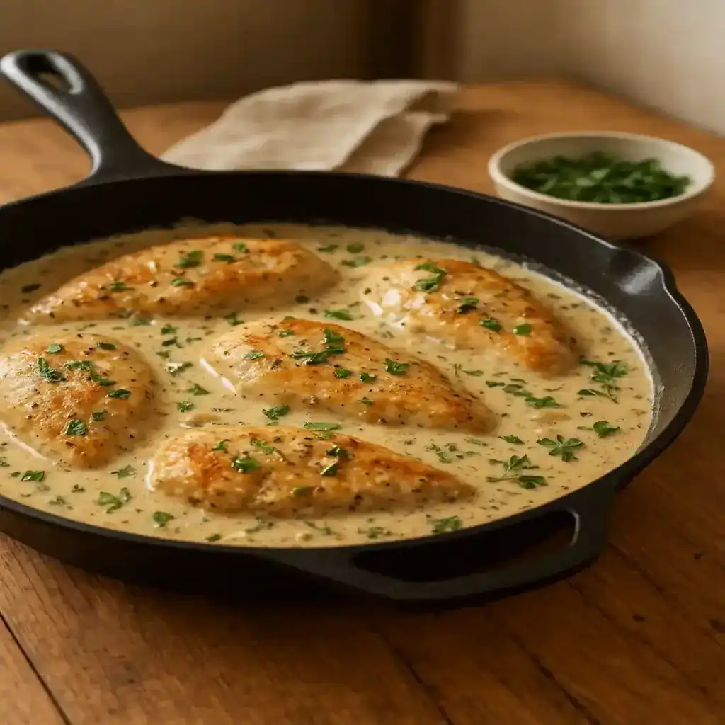 Plate of Healthy Creamy Chicken Skillet (Lightened Up) with herbs and a light sauce