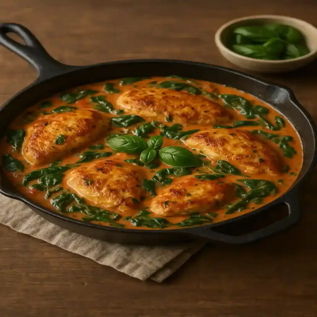 Plate of Healthy Tuscan Chicken with Spinach in a creamy tomato sauce, close-up showing seared chicken and wilted greens
