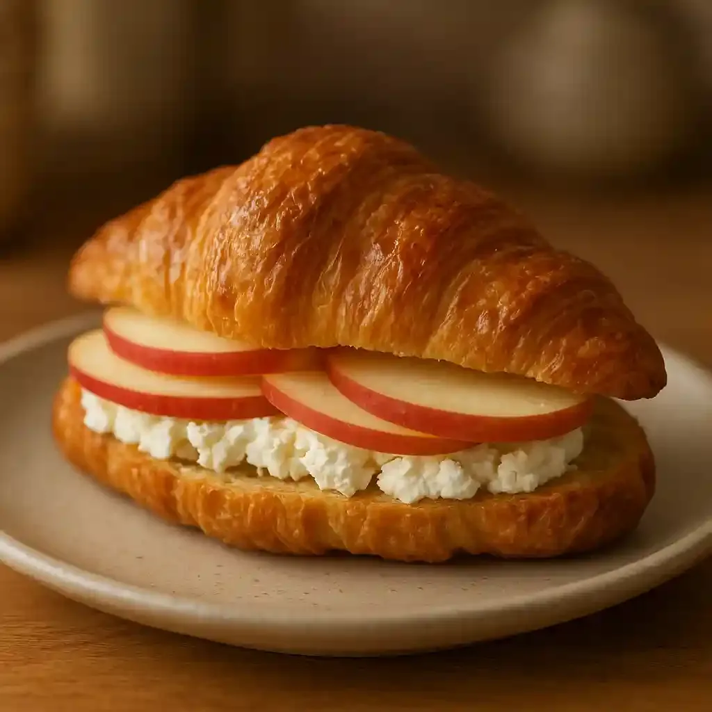 Apple & Goat Cheese Croissant Sandwich, Simple and Cozy 1 Apple & Goat Cheese Croissant Sandwich on a plate, flaky croissant with apple slices and goat cheese visible