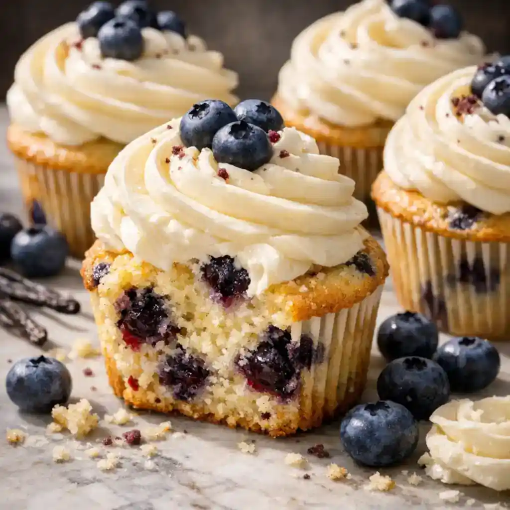Fluffy Blueberry Vanilla Cupcakes with Cream Cheese Frosting topped with thick swirls