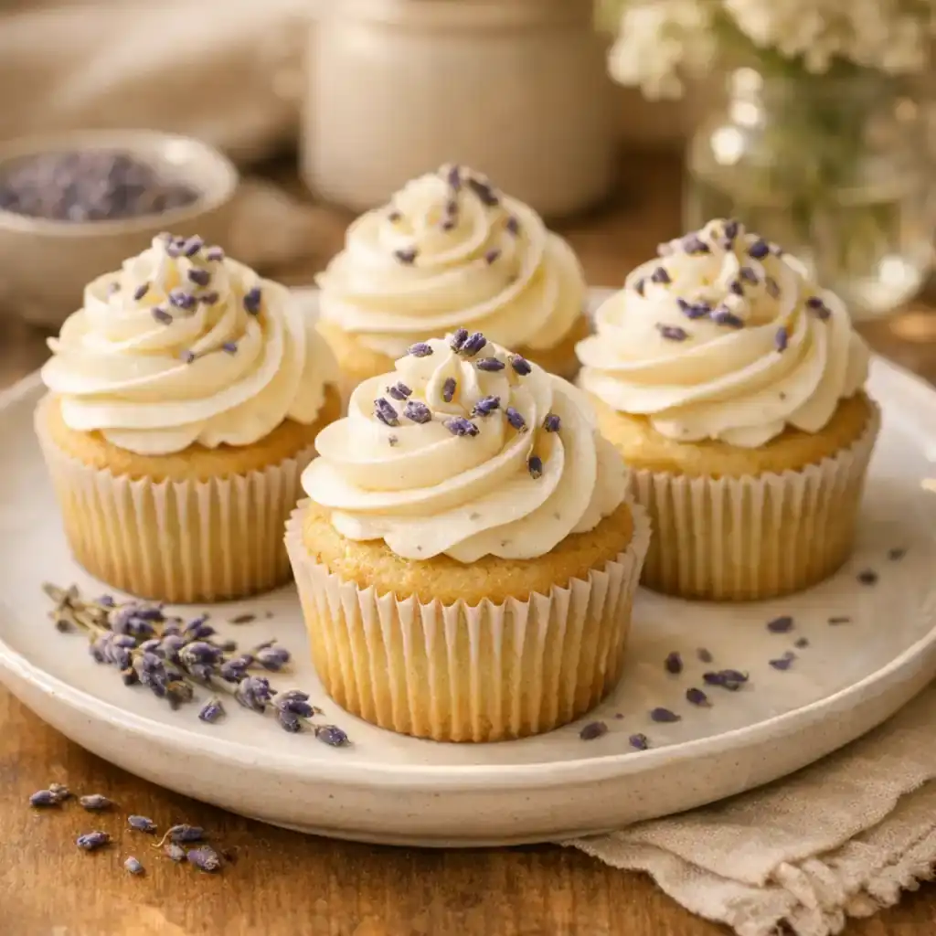 Lavender Vanilla Cupcakes with creamy vanilla buttercream in soft spring lighting