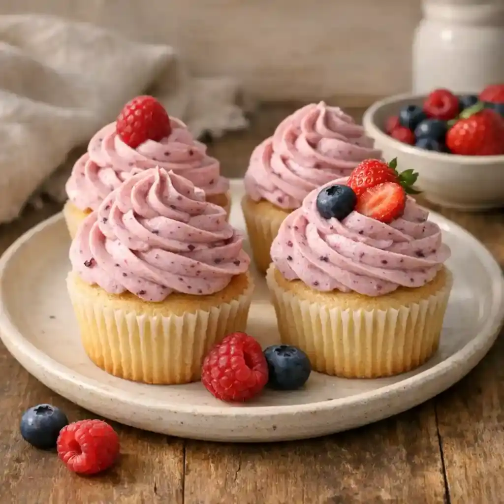 Vanilla Cupcakes with Fresh Berry Buttercream topped with smooth, naturally pink frosting.