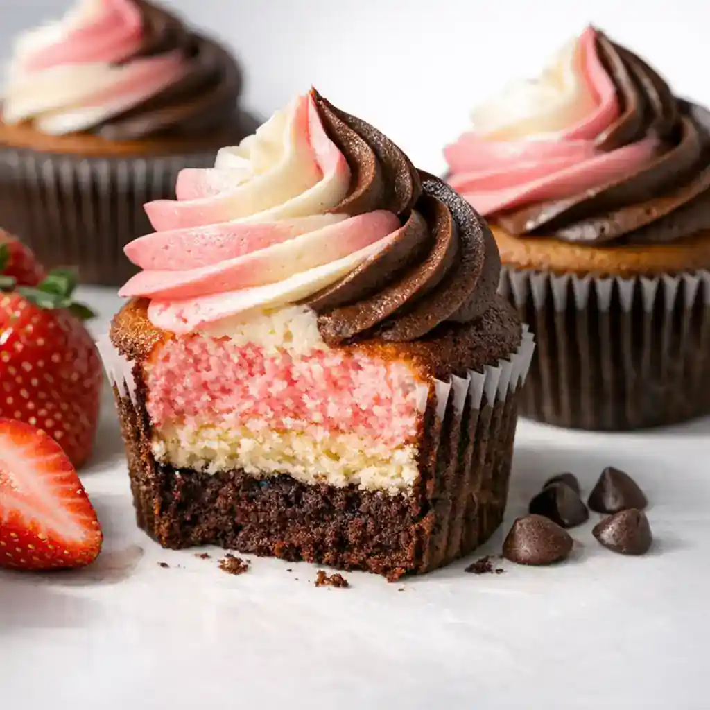 Neapolitan Cupcakes with Strawberry, Vanilla and Chocolate Layers showing distinct colorful layers