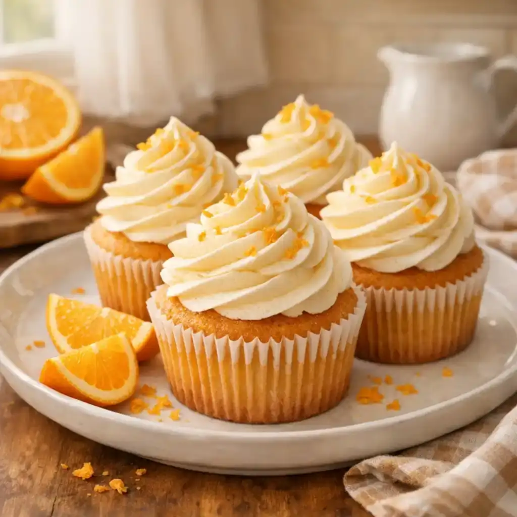 Soft Orange Creamsicle Cupcakes topped with creamy vanilla frosting and fresh orange zest