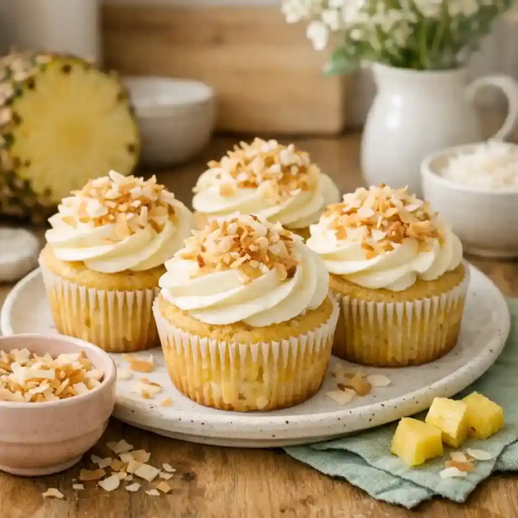 Pineapple Coconut Spring Cupcakes topped with cream cheese frosting and toasted coconut