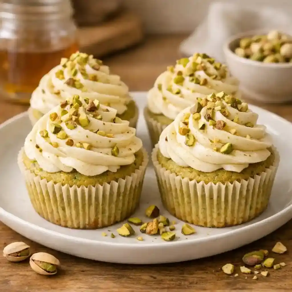 Pistachio Cupcakes with Honey Buttercream on a white plate