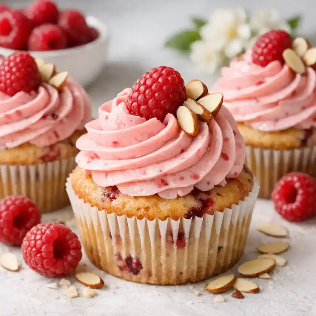 Raspberry Almond Cupcakes for Spring Parties with raspberry frosting and sliced almonds