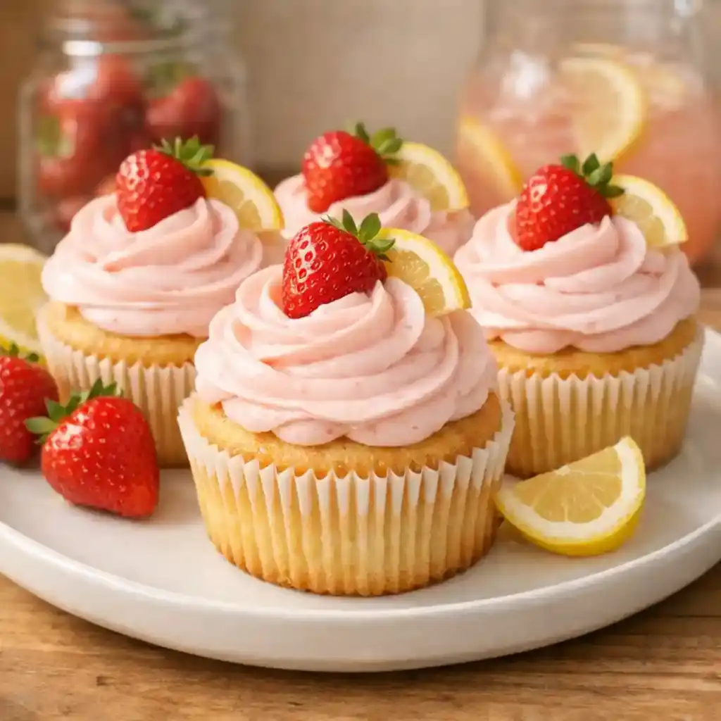 Strawberry Lemonade Cupcakes with lemon frosting and fresh strawberry topping