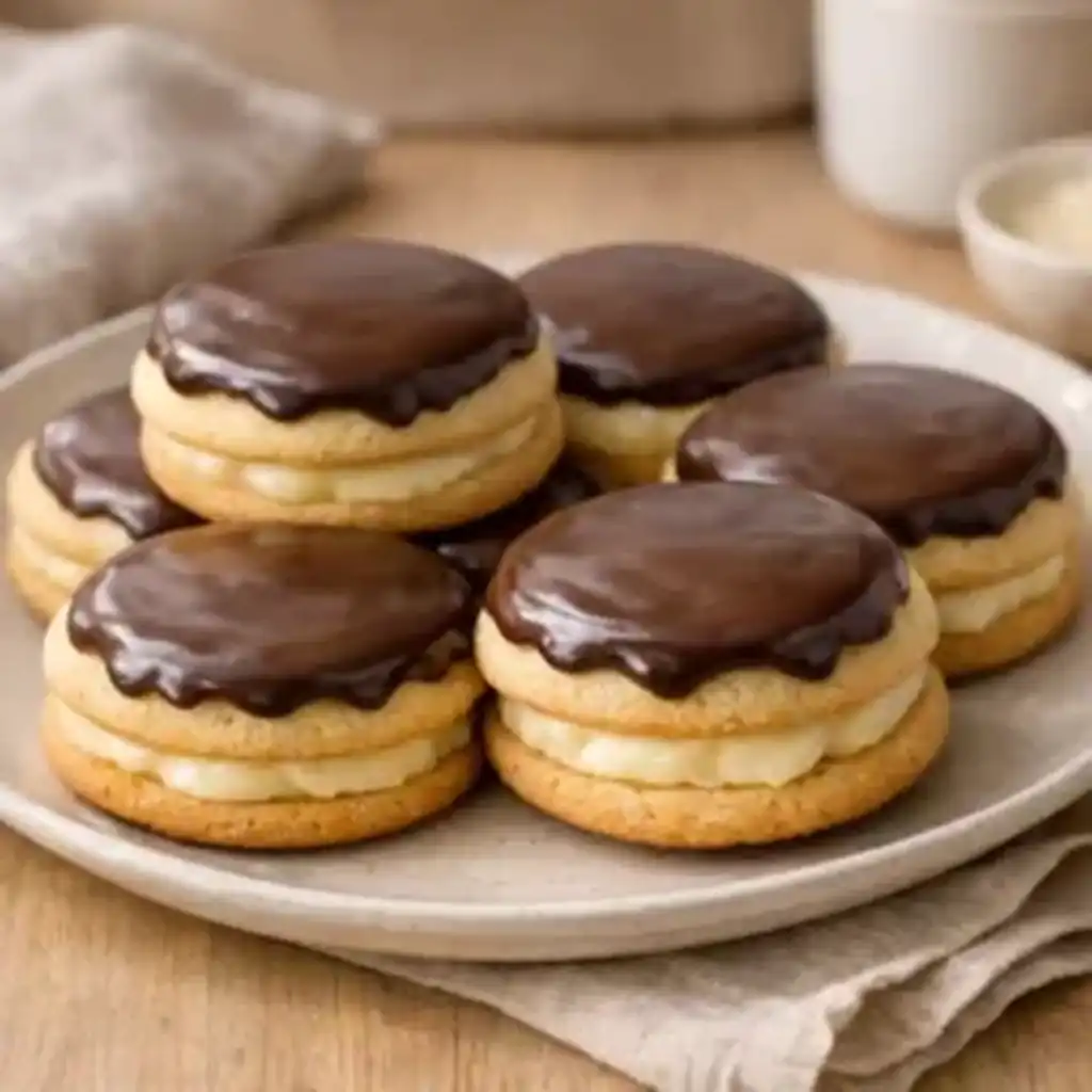 Boston Cream Pie Cookies with chocolate topping on a plate