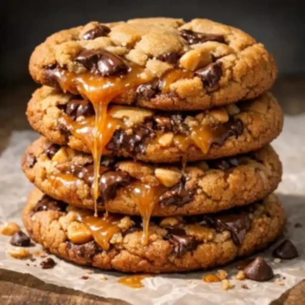 Peanut Butter Chocolate Caramel Cookies with gooey centers and chocolate chunks