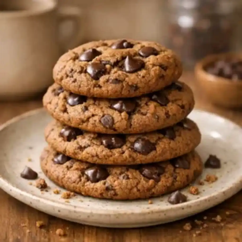 Freshly baked espresso chocolate chip cookies on a plate