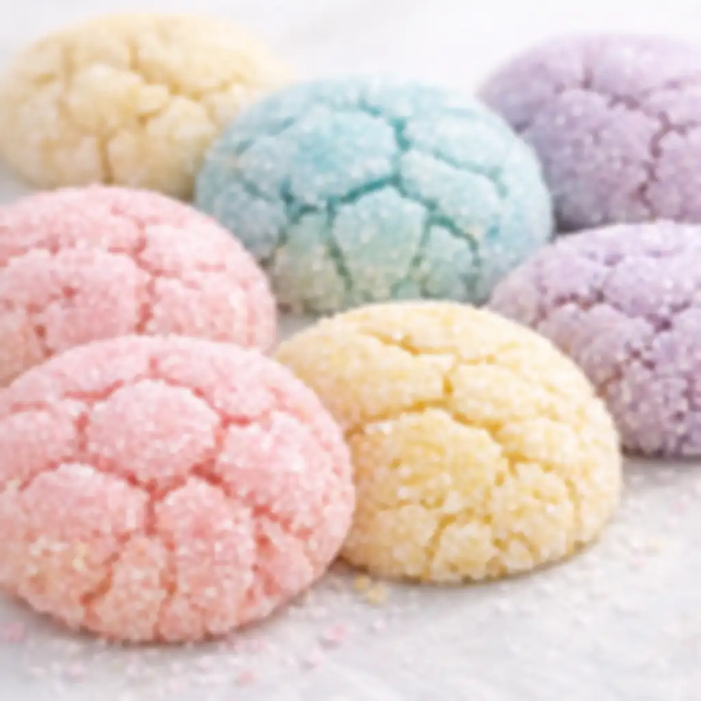 Springtime Crinkle Cookies with Pastel Sugar Coating Recipe 1 Springtime crinkle cookies with pastel sugar coating close up on baking tray