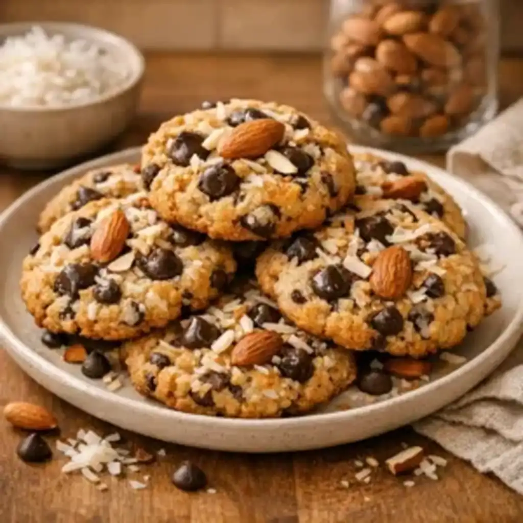 Almond Joy Cookies Made Easy at Home 1 Freshly baked Almond Joy Cookies with chocolate, coconut, and almonds