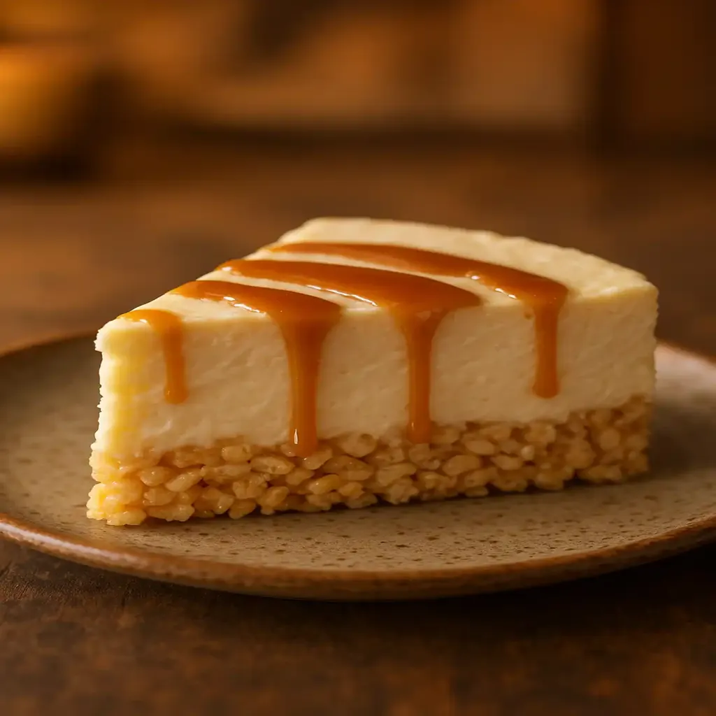 Close-up of Rice Krispy Treat No-Bake Cheesecake with crunchy cereal crust and creamy filling