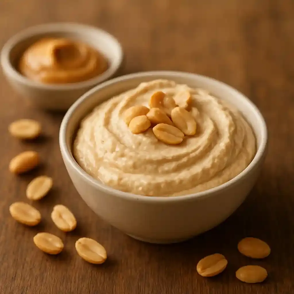 5-Minute Cottage Cheese Peanut Butter Mousse for High-Protein Snacks 1 Creamy 5-Minute Cottage Cheese Peanut Butter Mousse in a small bowl with berries on the side