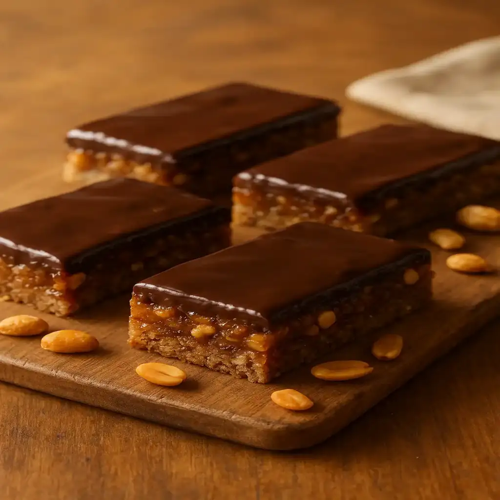 Healthy Date Snickers Recipe: Guilt-Free Chocolate Nut Bars 1 Healthy Date Snickers recipe bars with glossy dark chocolate and toasted peanuts