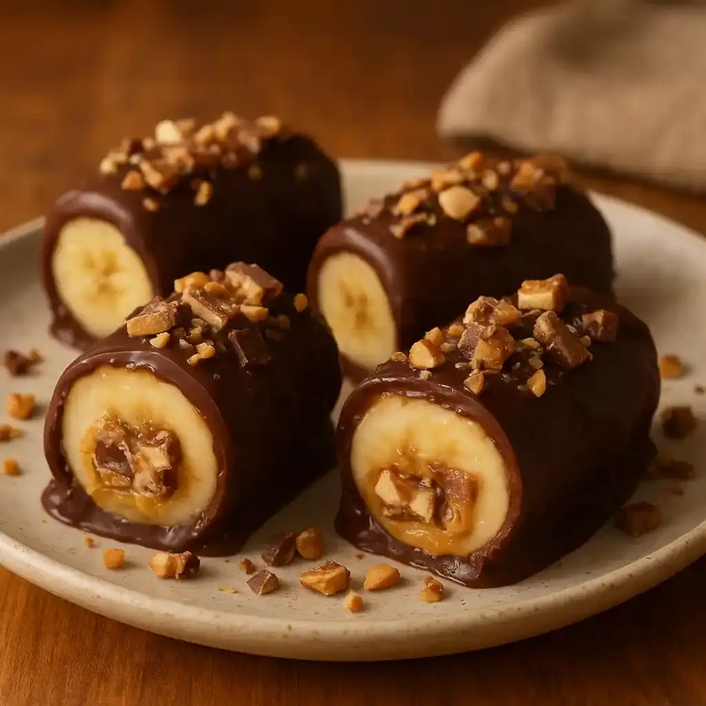 Close-up of Must-Try Frozen Banana Snickers on a parchment-lined tray, chocolate coating and chopped candy visible