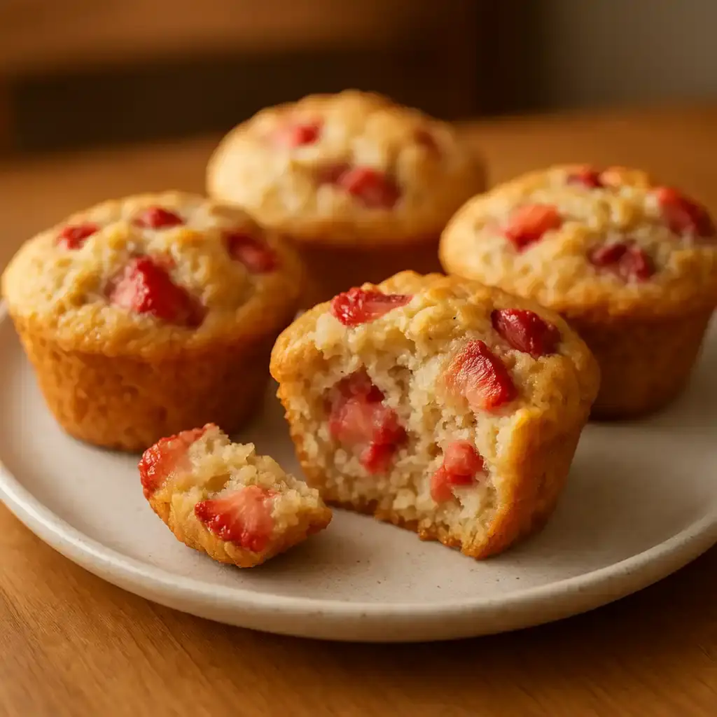 Strawberry Protein Muffins: Cozy High-Protein Snack the Family Loves 1 Fresh Strawberry Protein Muffins with visible strawberry pieces, warm and cozy, Lina's family-friendly high-protein snack