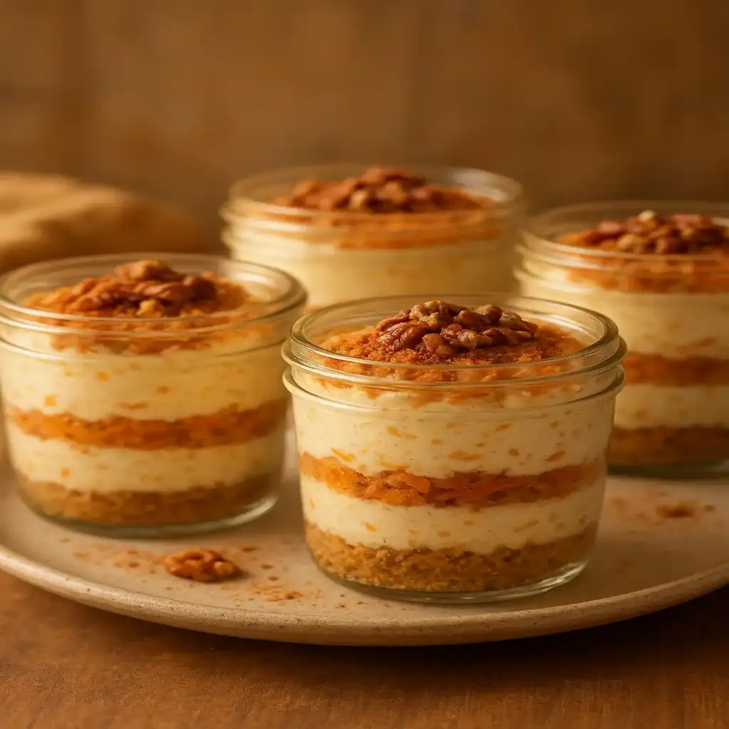 Cottage Cheese Carrot Cake Cheesecake Cups, Light & Lush 1 Cottage Cheese Carrot Cake Cheesecake Cups with grated carrot and toasted pecans