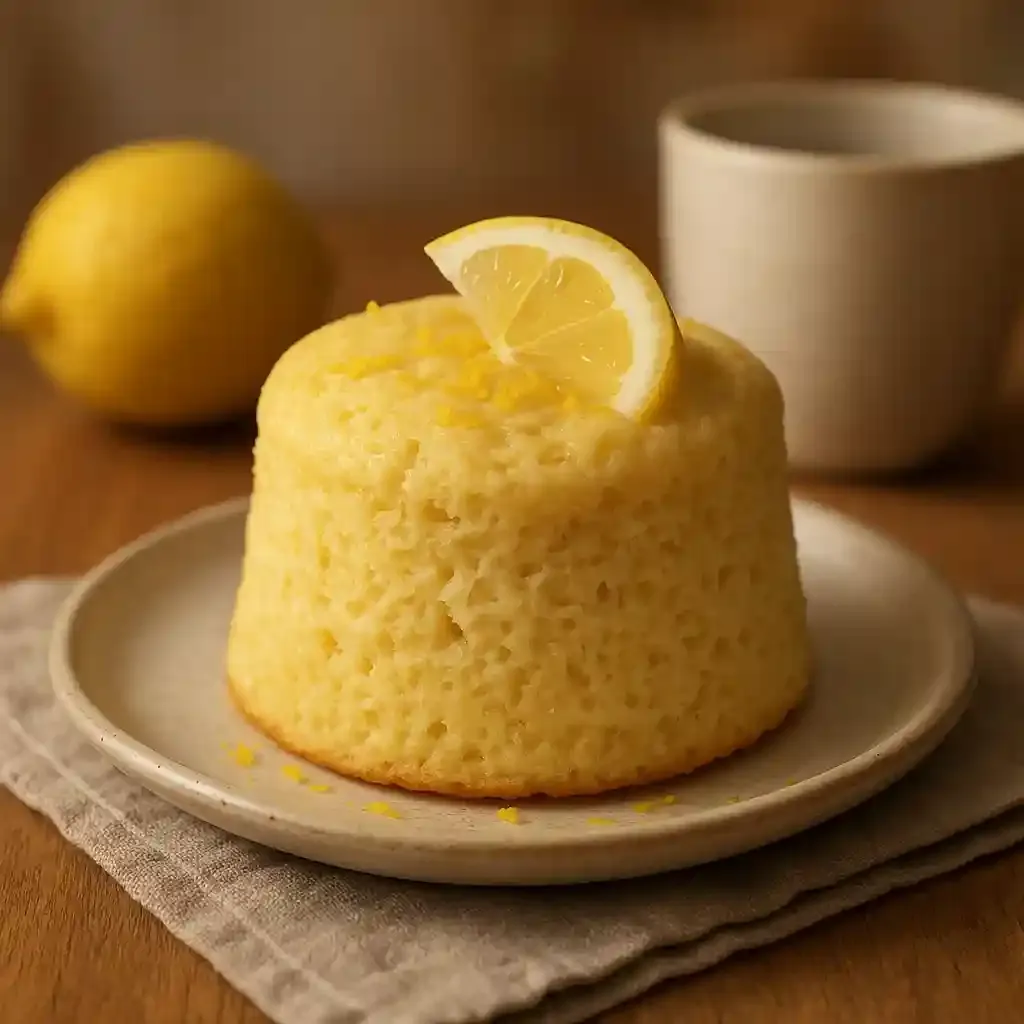 Lemon Cottage Cheese Mug Cake Recipe for Busy Mornings 1 Close up of a Lemon Cottage Cheese Mug Cake Recipe served in a small mug, showing moist texture and lemon zest on top