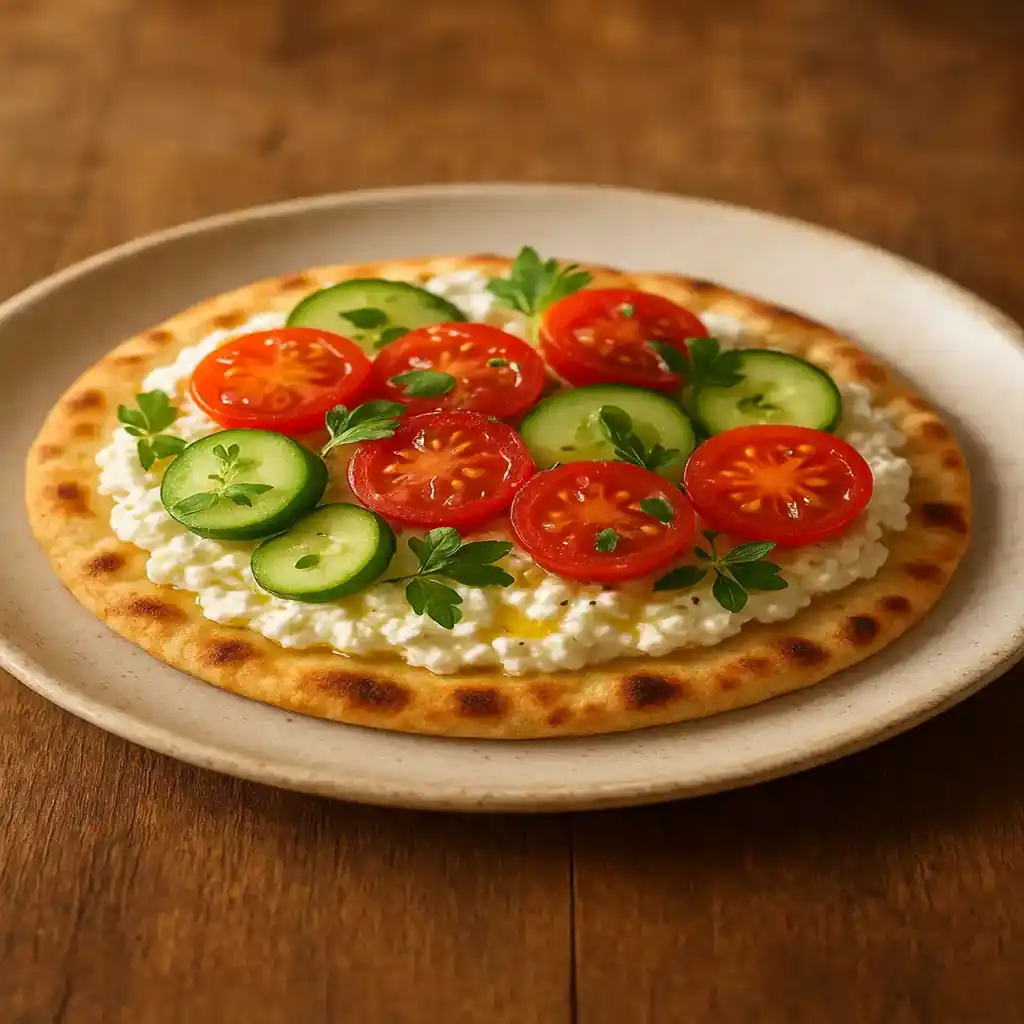Healthy Cottage Cheese Flatbread Recipe with creamy spread, cherry tomatoes, cucumber, and fresh herbs