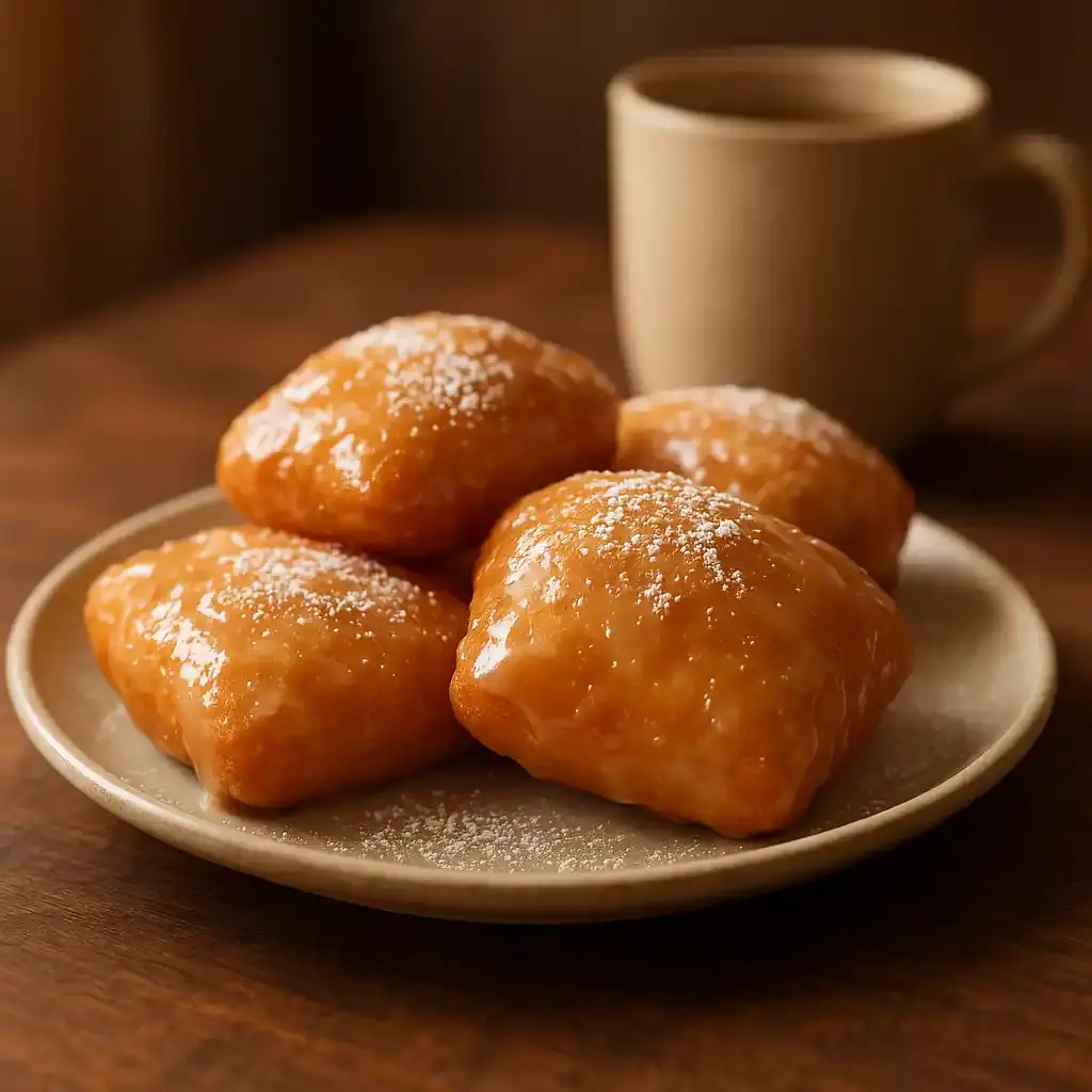 Glazed Buttermilk Beignets: Cozy, Easy Weekend Treat 1 Plate of warm Glazed Buttermilk Beignets with shiny vanilla glaze, cozy kitchen feel