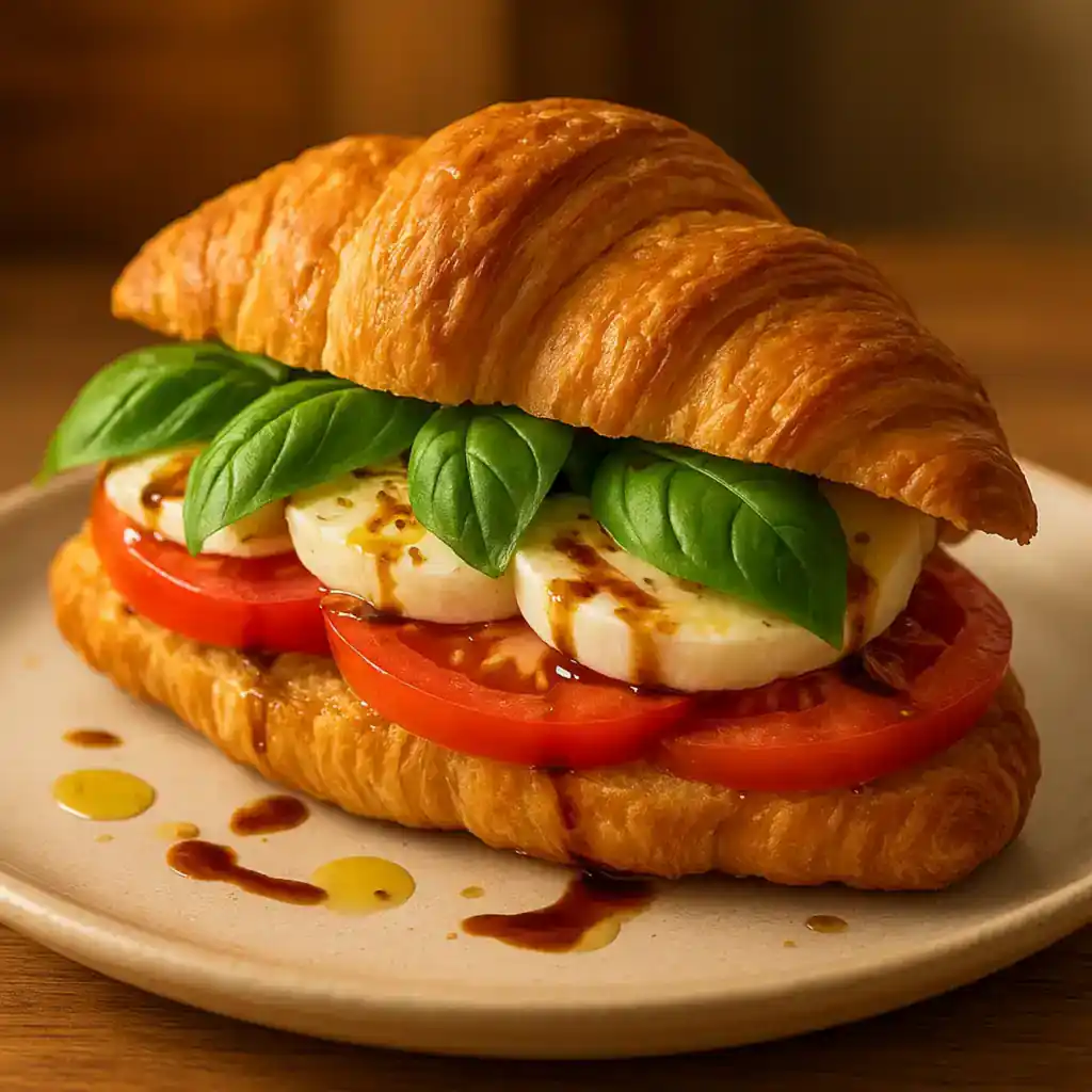 Cozy Caprese Croissant Sandwich for Family Meals 1 Caprese Croissant Sandwich with fresh mozzarella, tomato, and basil in warm kitchen lighting