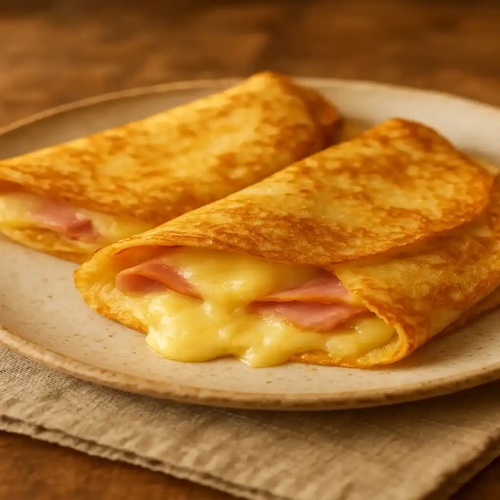 Ham Cheese French Crêpes with melted cheese and golden edges on a cozy plate