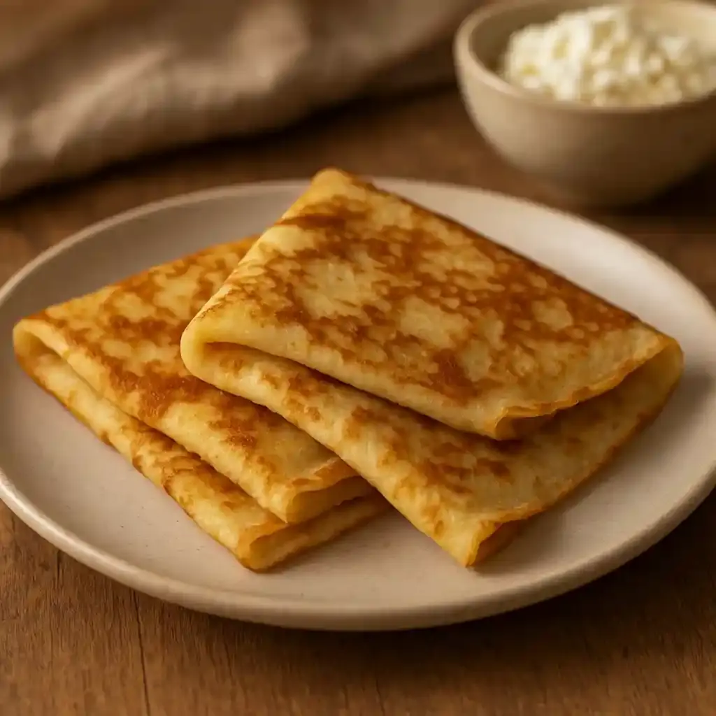 High-Protein Cottage Cheese Crepes for Everyday Meals 1 Plate of High-Protein Cottage Cheese Crepes, thin and golden, served simply with fruit