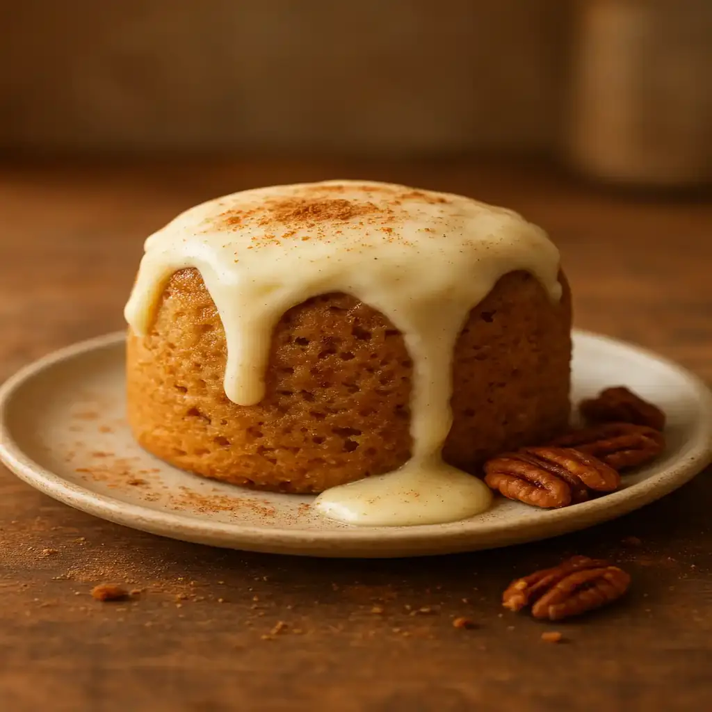 3-Minute Keto Cinnamon Roll Mug Cake warm with cream cheese glaze, close-up